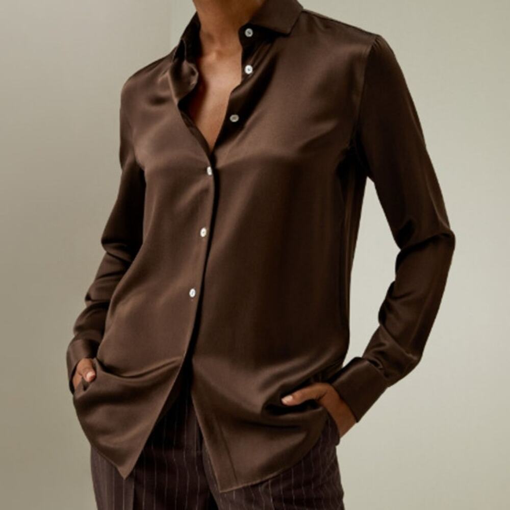 Lilysilk Spread Collar Silk Shirt Chocolate Size M - Picture 1 of 11